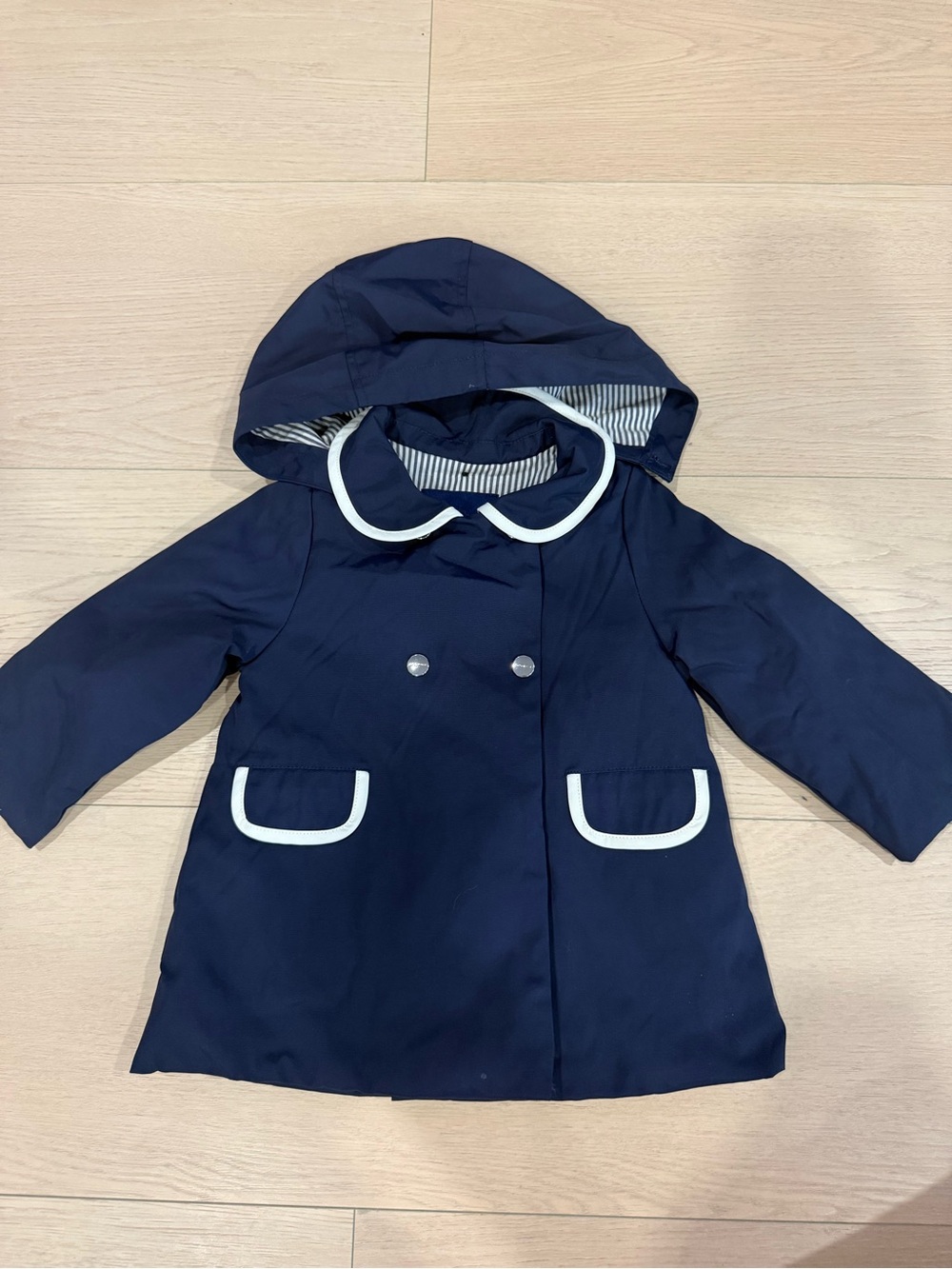 Jacadi Kids Navy Pea Coat Rain Jacket with White Trim | 18 months
